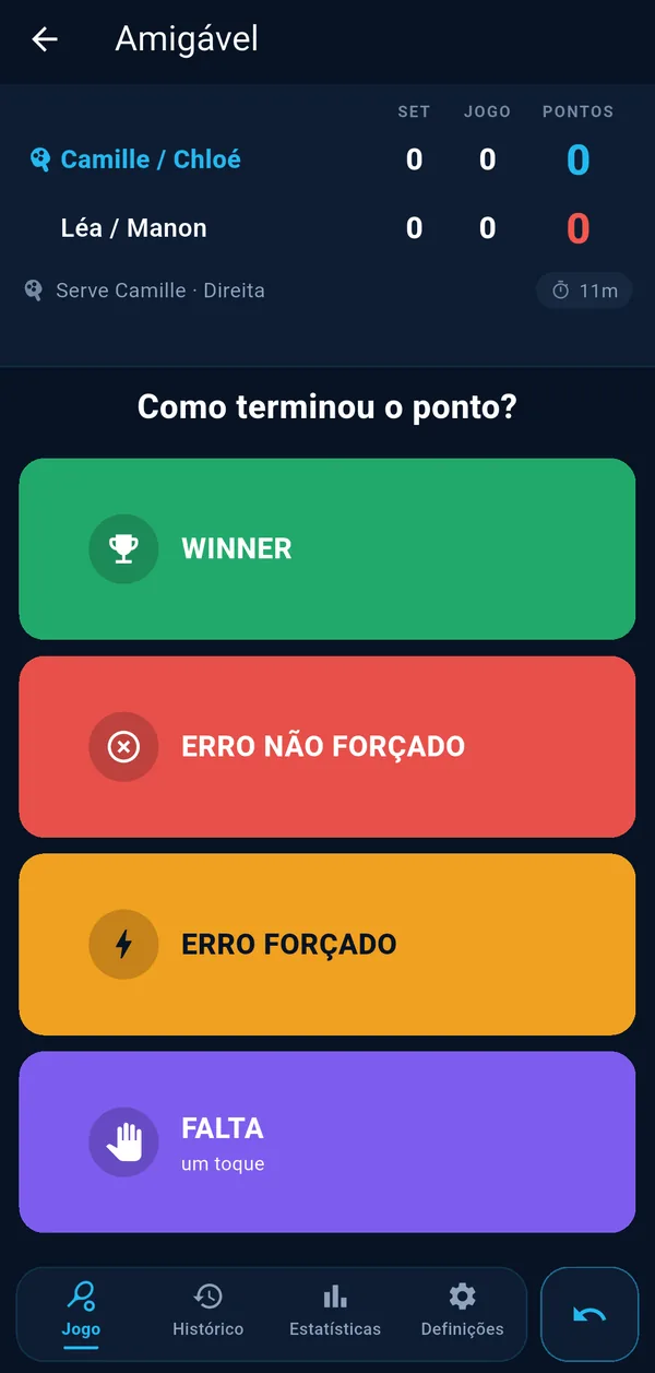 Registo de um ponto: como terminou o ponto